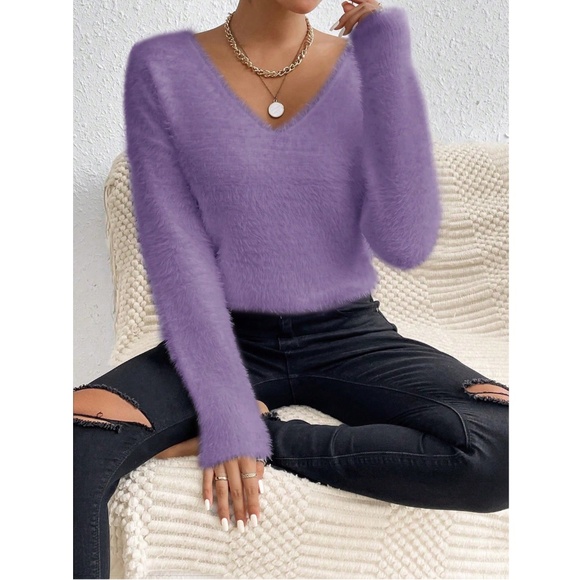 Purple Fuzzy V-Neck Pullover Knit Sweater Long Sleeve - Picture 4 of 7